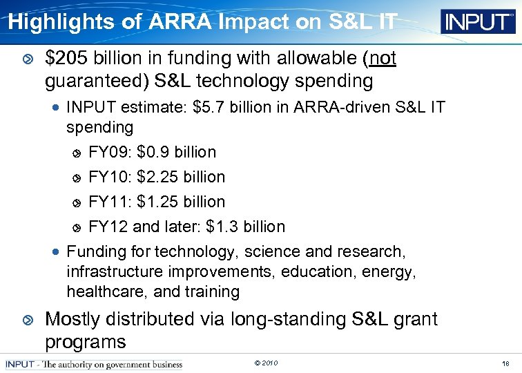 Highlights of ARRA Impact on S&L IT $205 billion in funding with allowable (not