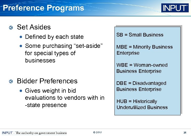 Preference Programs Set Asides • Defined by each state • Some purchasing “set-aside” for