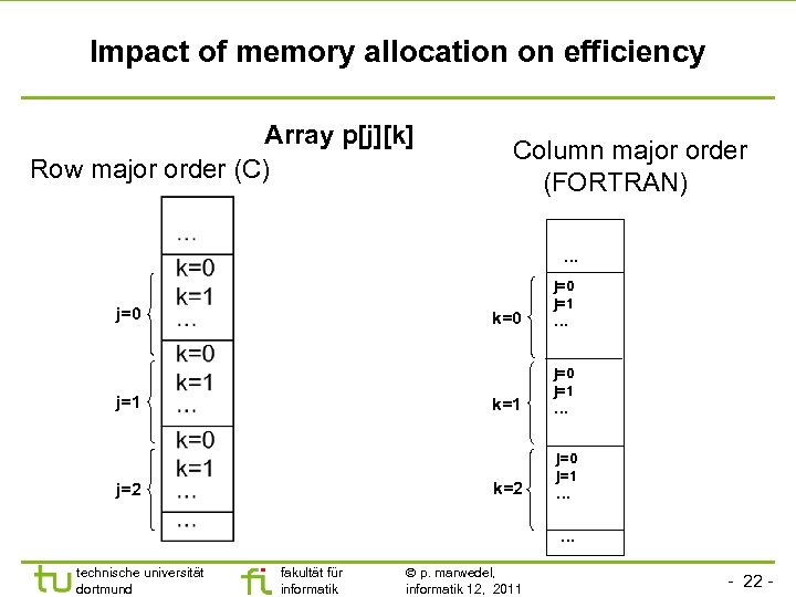 Impact of memory allocation on efficiency Array p[j][k] Row major order (C) Column major