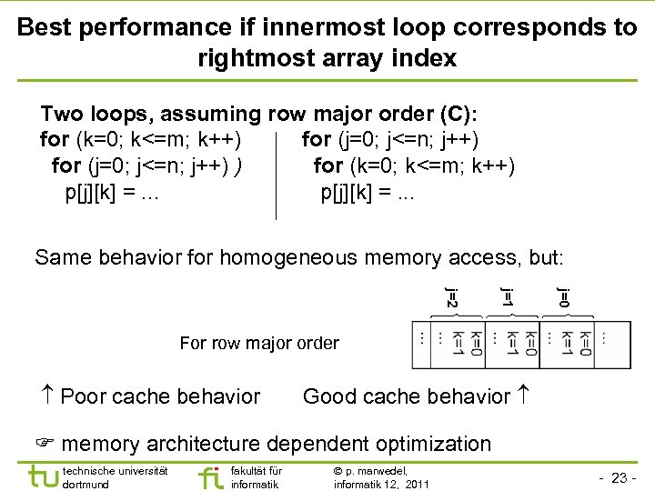 Best performance if innermost loop corresponds to rightmost array index Two loops, assuming row