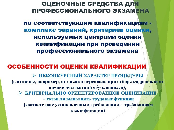 ОЦЕНОЧНЫЕ СРЕДСТВА ДЛЯ ПРОФЕССИОНАЛЬНОГО ЭКЗАМЕНА по соответствующим квалификациям комплекс заданий, критериев оценки, используемых центрами