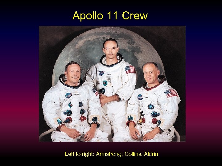 Apollo 11 Crew Left to right: Armstrong, Collins, Aldrin 