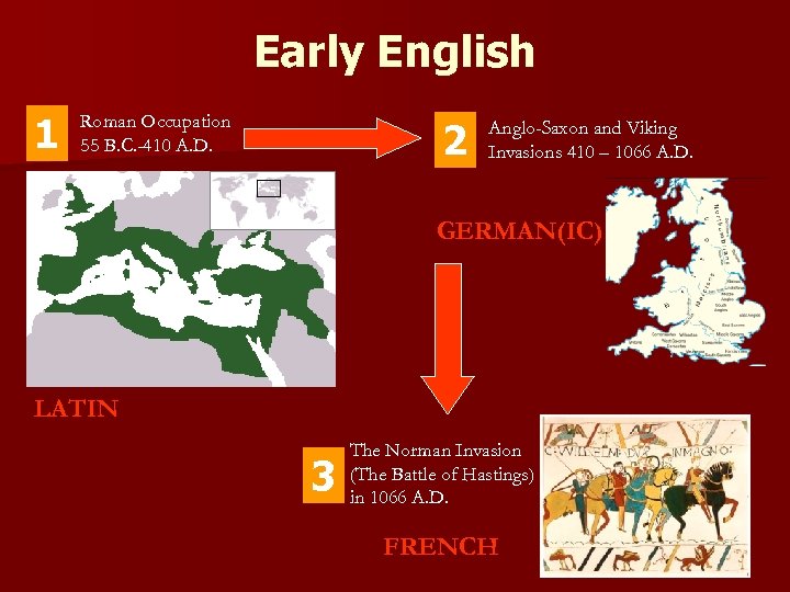 Early English 1 Roman Occupation 55 B. C. -410 A. D. 2 Anglo-Saxon and