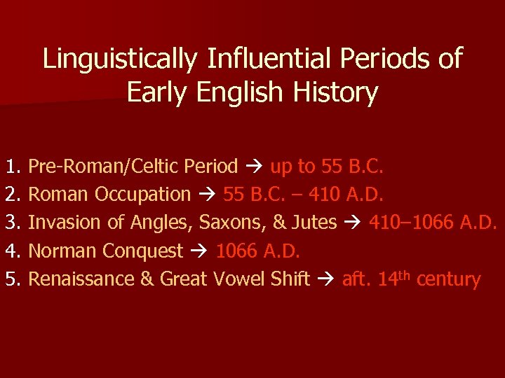 Linguistically Influential Periods of Early English History 1. Pre-Roman/Celtic Period up to 55 B.