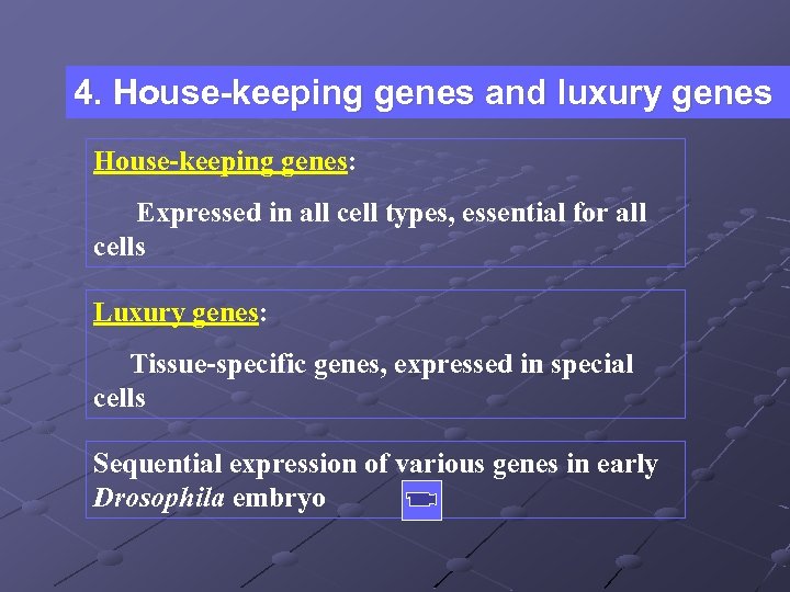 4. House-keeping genes and luxury genes House-keeping genes: Expressed in all cell types, essential