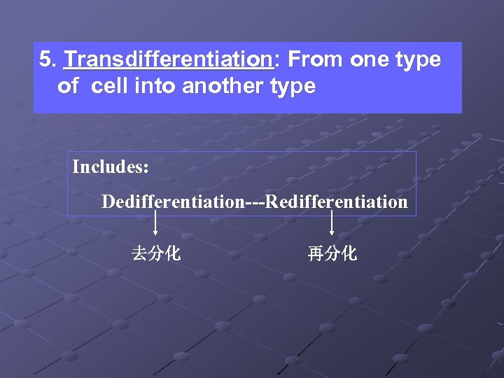 5. Transdifferentiation: From one type of cell into another type Includes: Dedifferentiation---Redifferentiation 去分化 再分化