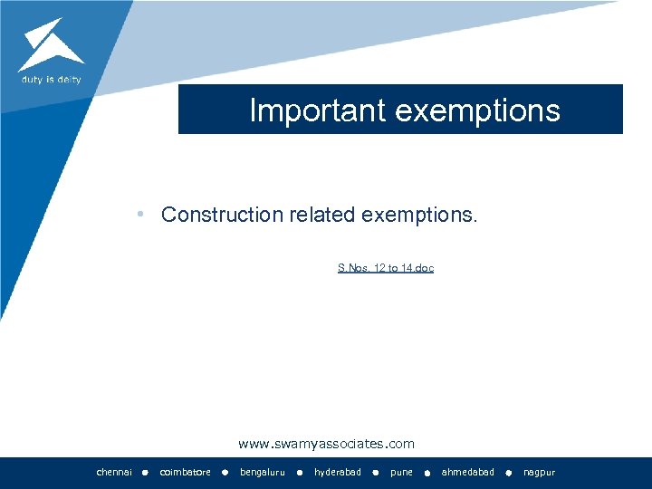  Important exemptions • Construction related exemptions. S. Nos. 12 to 14. doc www.