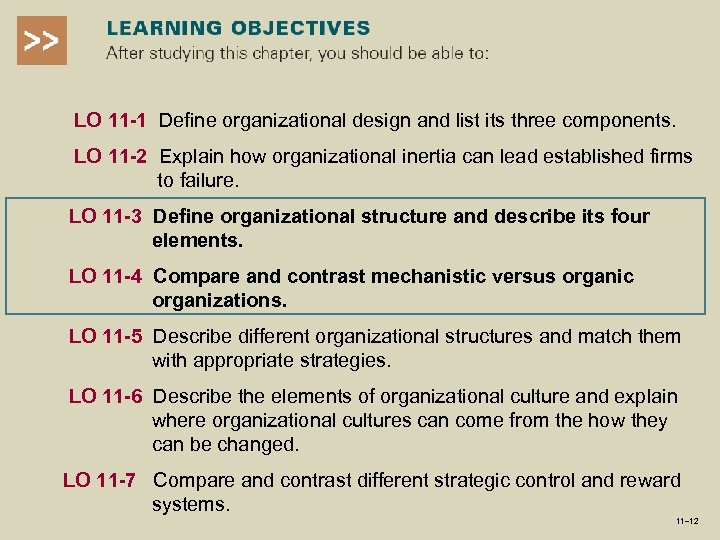 LO 11 -1 Define organizational design and list its three components. LO 11 -2