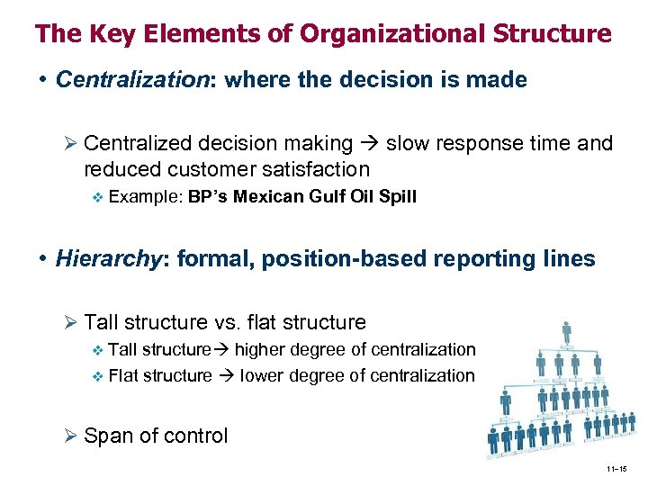 The Key Elements of Organizational Structure • Centralization: where the decision is made Ø