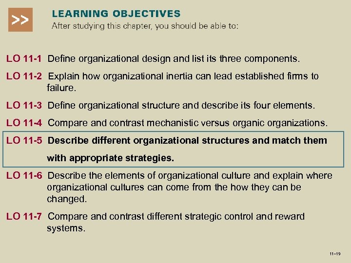 LO 11 -1 Define organizational design and list its three components. LO 11 -2