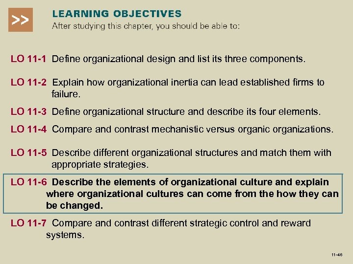 LO 11 -1 Define organizational design and list its three components. LO 11 -2