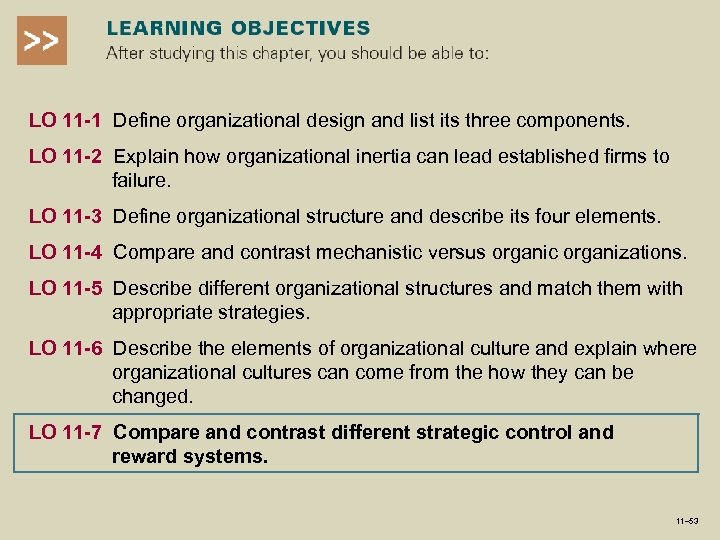 LO 11 -1 Define organizational design and list its three components. LO 11 -2