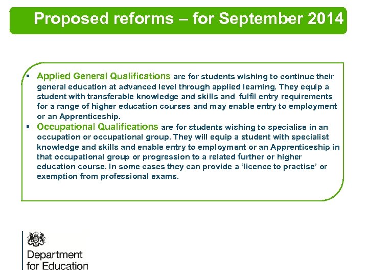 Proposed reforms – for September 2014 § Applied General Qualifications are for students wishing
