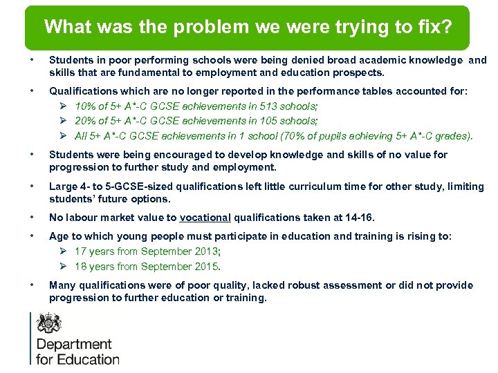 What was the problem we were trying to fix? • Students in poor performing