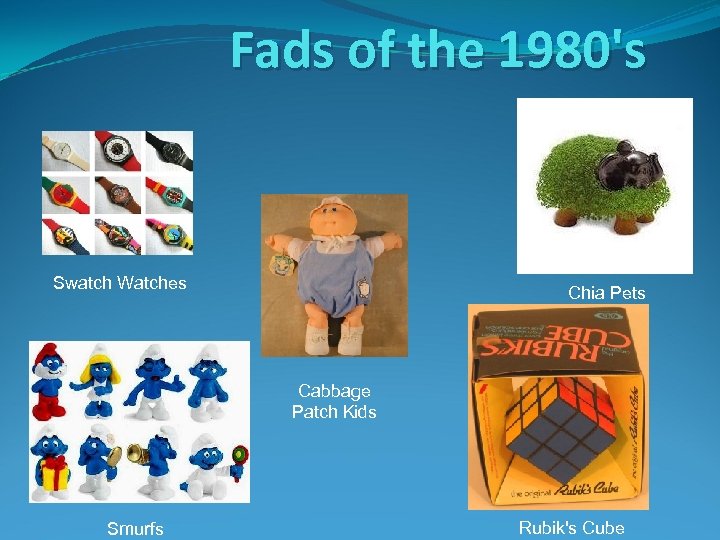 Fads of the 1980's Swatch Watches Chia Pets Cabbage Patch Kids Smurfs Rubik's Cube
