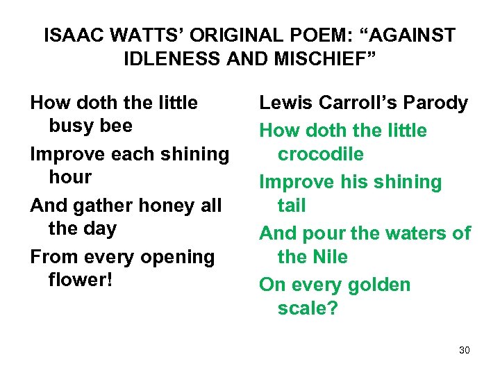 ISAAC WATTS’ ORIGINAL POEM: “AGAINST IDLENESS AND MISCHIEF” How doth the little busy bee