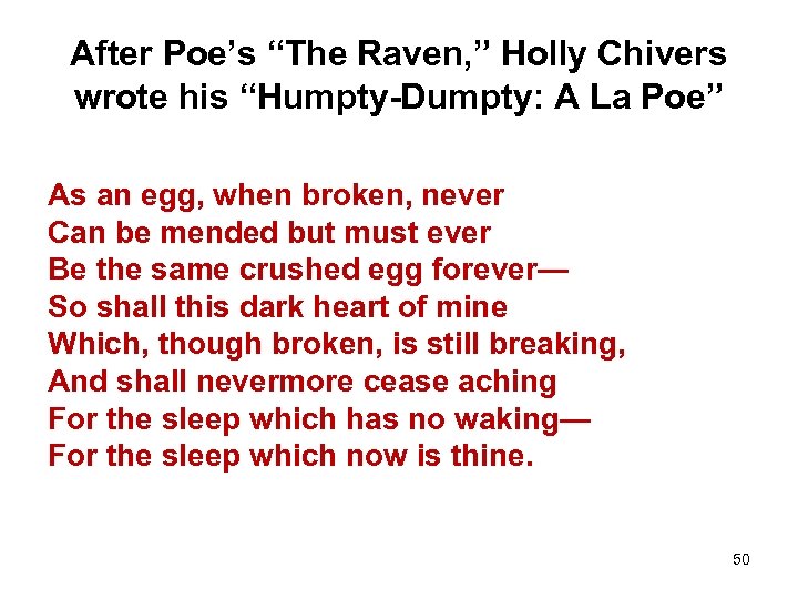 After Poe’s “The Raven, ” Holly Chivers wrote his “Humpty-Dumpty: A La Poe” As