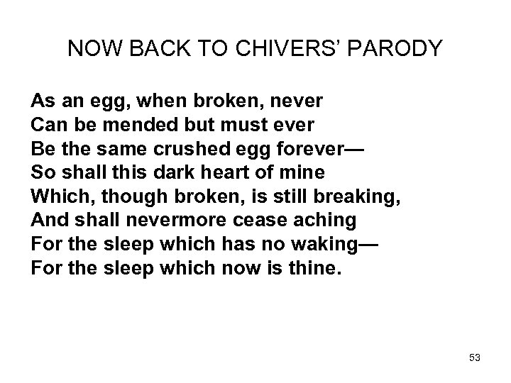 NOW BACK TO CHIVERS’ PARODY As an egg, when broken, never Can be mended