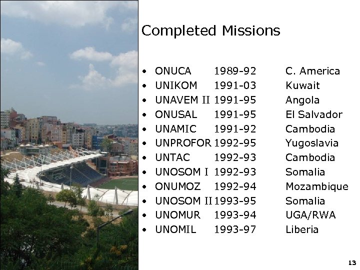 Completed Missions • • • ONUCA 1989 -92 UNIKOM 1991 -03 UNAVEM II 1991
