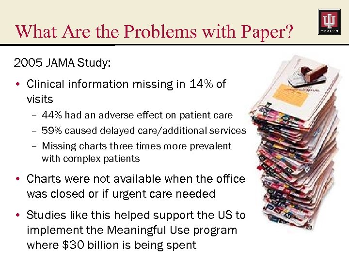 What Are the Problems with Paper? 2005 JAMA Study: • Clinical information missing in