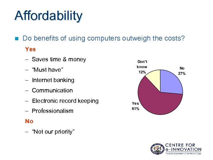 Affordability n Do benefits of using computers outweigh the costs? Yes – Saves time