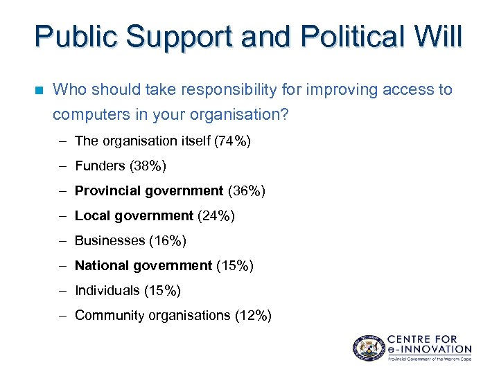 Public Support and Political Will n Who should take responsibility for improving access to