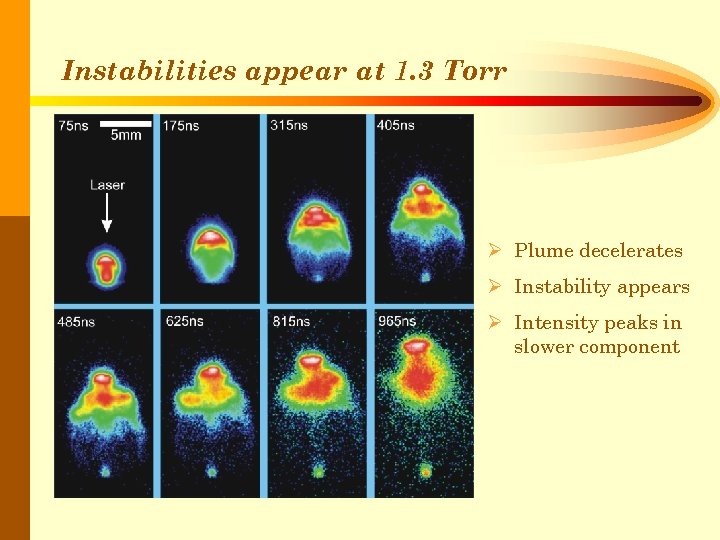 Instabilities appear at 1. 3 Torr Ø Plume decelerates Ø Instability appears Ø Intensity