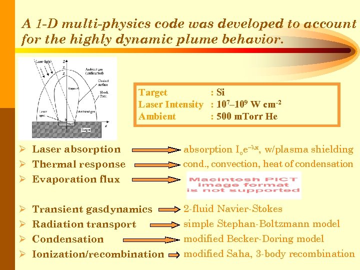 A 1 -D multi-physics code was developed to account for the highly dynamic plume