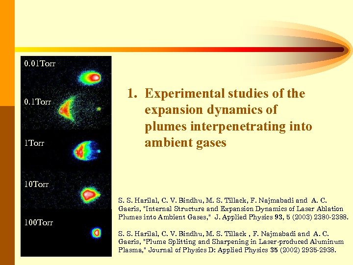 0. 01 Torr 0. 1 Torr 1. Experimental studies of the expansion dynamics of