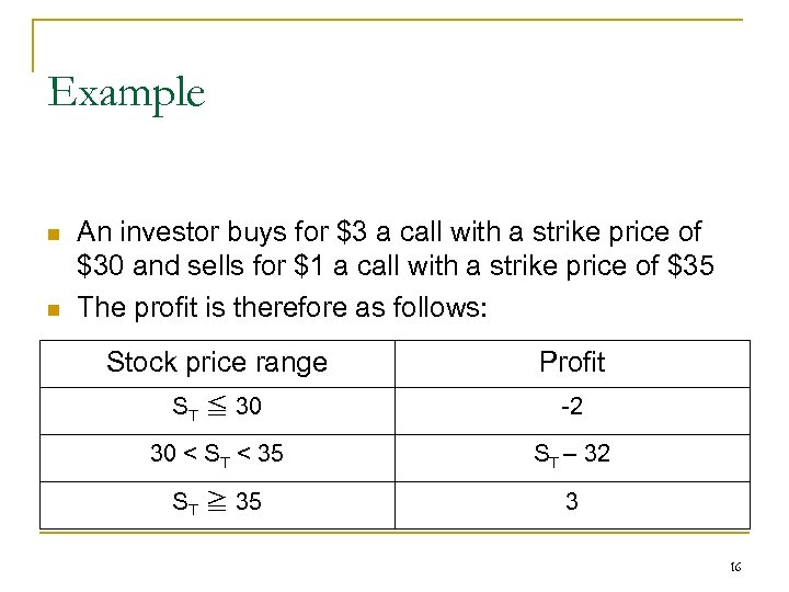 Example n n An investor buys for $3 a call with a strike price