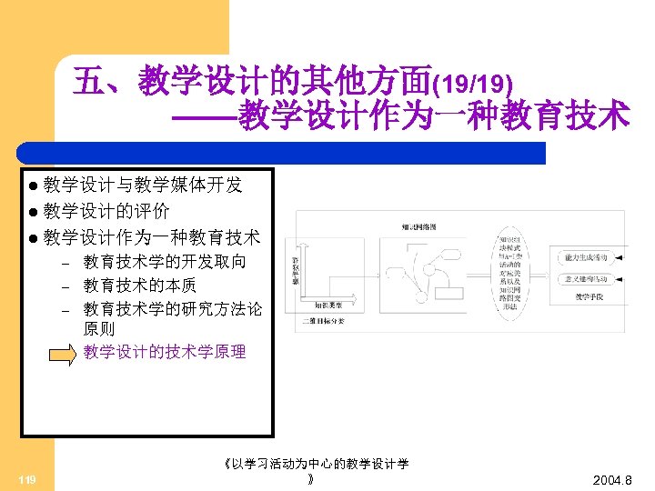 五、教学设计的其他方面(19/19) ——教学设计作为一种教育技术 l 教学设计与教学媒体开发 l 教学设计的评价 l 教学设计作为一种教育技术 – – 119 教育技术学的开发取向 教育技术的本质 教育技术学的研究方法论