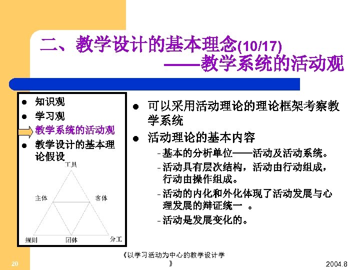 二、教学设计的基本理念(10/17) ——教学系统的活动观 l l 知识观 学习观 教学系统的活动观 教学设计的基本理 论假设 l l 可以采用活动理论的理论框架考察教 学系统 活动理论的基本内容