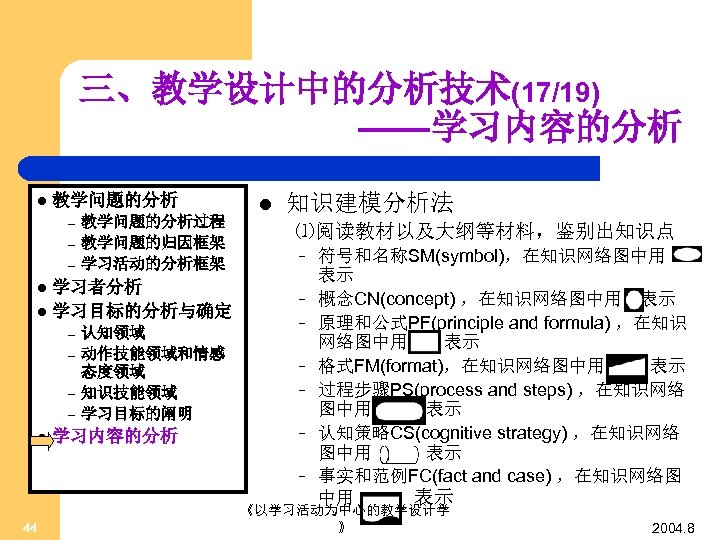 三、教学设计中的分析技术(17/19) ——学习内容的分析 l 教学问题的分析 – – – 教学问题的分析过程 教学问题的归因框架 学习活动的分析框架 学习者分析 l 学习目标的分析与确定 l