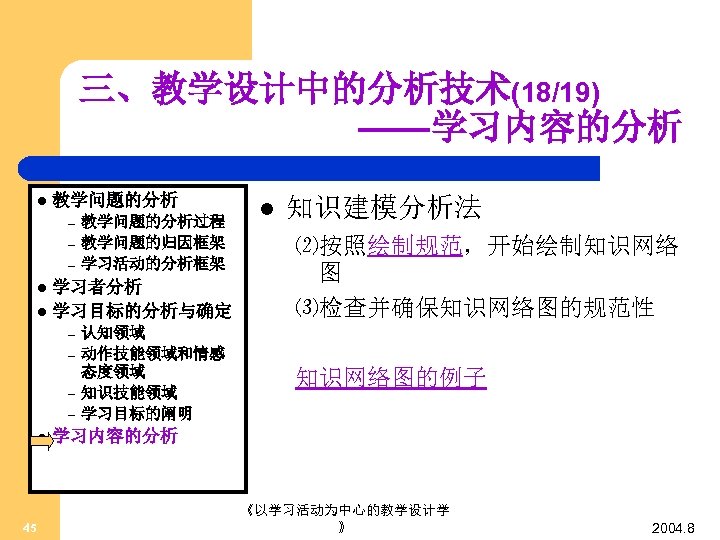 三、教学设计中的分析技术(18/19) ——学习内容的分析 l 教学问题的分析 – – – 教学问题的分析过程 教学问题的归因框架 学习活动的分析框架 学习者分析 l 学习目标的分析与确定 l