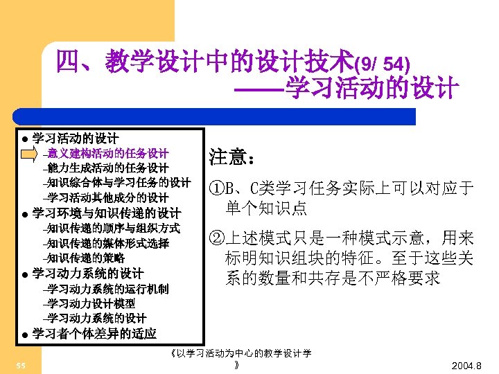 四、教学设计中的设计技术(9/ 54) ——学习活动的设计 l 学习活动的设计 –意义建构活动的任务设计 –能力生成活动的任务设计 –知识综合体与学习任务的设计 –学习活动其他成分的设计 l 学习环境与知识传递的设计 –知识传递的顺序与组织方式 –知识传递的媒体形式选择 –知识传递的策略