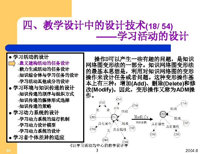 四、教学设计中的设计技术(18/ 54) ——学习活动的设计 l 学习活动的设计 –意义建构活动的任务设计 –能力生成活动的任务设计 –知识综合体与学习任务的设计 –学习活动其他成分的设计 l 学习环境与知识传递的设计 –知识传递的顺序与组织方式 –知识传递的媒体形式选择 操作D可以产生一些有趣的问题，是知识