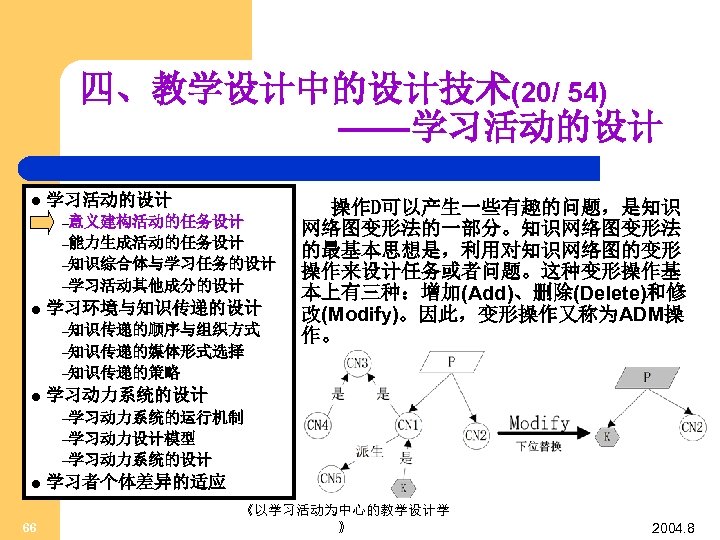 四、教学设计中的设计技术(20/ 54) ——学习活动的设计 l 学习活动的设计 –意义建构活动的任务设计 –能力生成活动的任务设计 –知识综合体与学习任务的设计 –学习活动其他成分的设计 l 学习环境与知识传递的设计 –知识传递的顺序与组织方式 –知识传递的媒体形式选择 操作D可以产生一些有趣的问题，是知识
