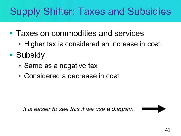 Supply Shifter: Taxes and Subsidies § Taxes on commodities and services • Higher tax
