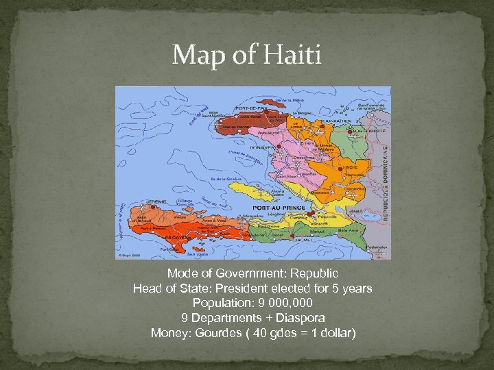 Map of Haiti Mode of Government: Republic Head of State: President elected for 5