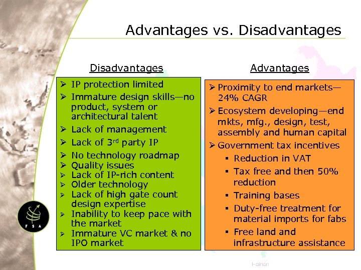 Advantages vs. Disadvantages Advantages Ø IP protection limited Ø Immature design skills—no product, system