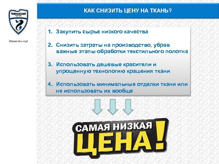КАК СНИЗИТЬ ЦЕНУ НА ТКАНЬ? 1. Закупить сырье низкого качества 2. Снизить затраты на