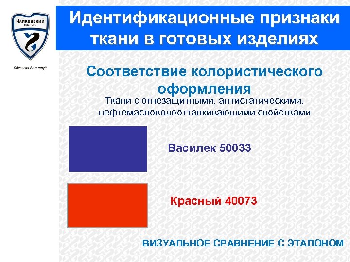 Идентификационные признаки ткани в готовых изделиях Соответствие колористического оформления Ткани с огнезащитными, антистатическими, нефтемасловодоотталкивающими