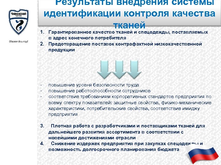 Результаты внедрения системы идентификации контроля качества тканей 1. Гарантированное качество тканей и спецодежды, поставляемых
