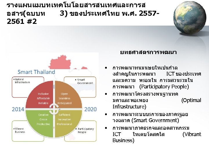 รางแผนแมบทเทคโนโลยสารสนเทศและการส อสาร(ฉบบท 3) ของประเทศไทย พ. ศ. 25572561 #2 ยทธศาสตรการพฒนา • • การพฒนาทนมนษยใหเปนกำล งสำคญในการพฒนา ICT
