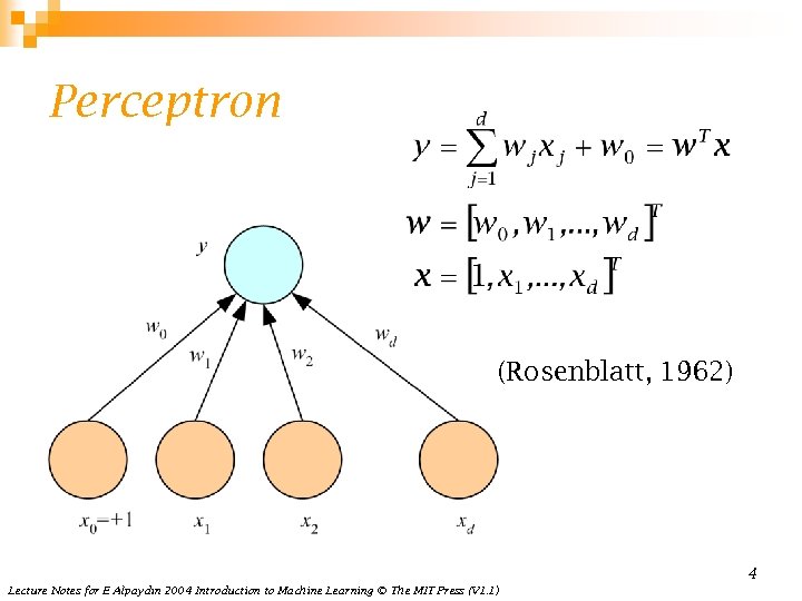 Perceptron (Rosenblatt, 1962) 4 Lecture Notes for E Alpaydın 2004 Introduction to Machine Learning