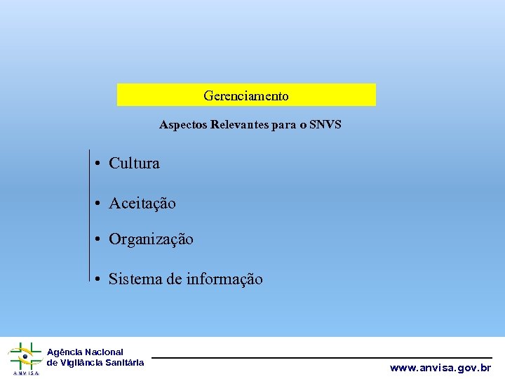 Gerenciamento Aspectos Relevantes para o SNVS • Cultura • Aceitação • Organização • Sistema