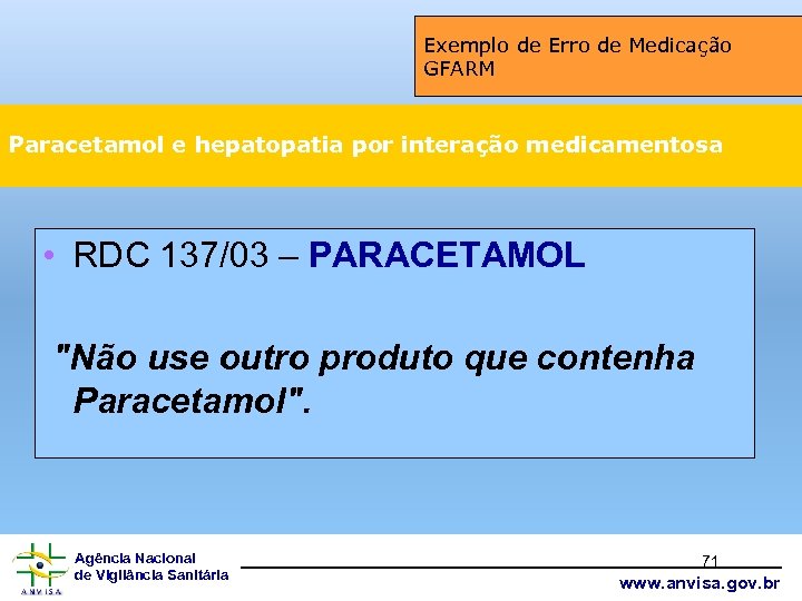 Exemplo de Erro de Medicação GFARM Paracetamol e hepatopatia por interação medicamentosa • RDC