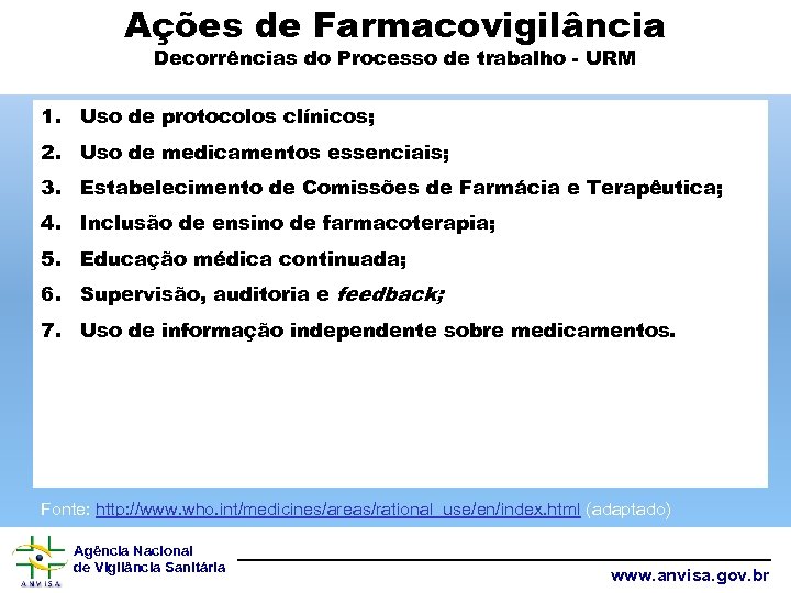 Ações de Farmacovigilância Decorrências do Processo de trabalho - URM 1. Uso de protocolos