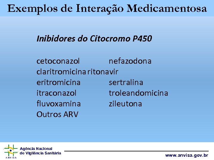 Exemplos de Interação Medicamentosa Inibidores do Citocromo P 450 cetoconazol nefazodona claritromicina ritonavir eritromicina