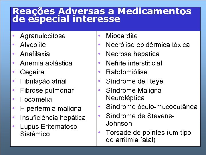 Reações Adversas a Medicamentos de especial interesse • • • Agranulocitose Alveolite Anafilaxia Anemia